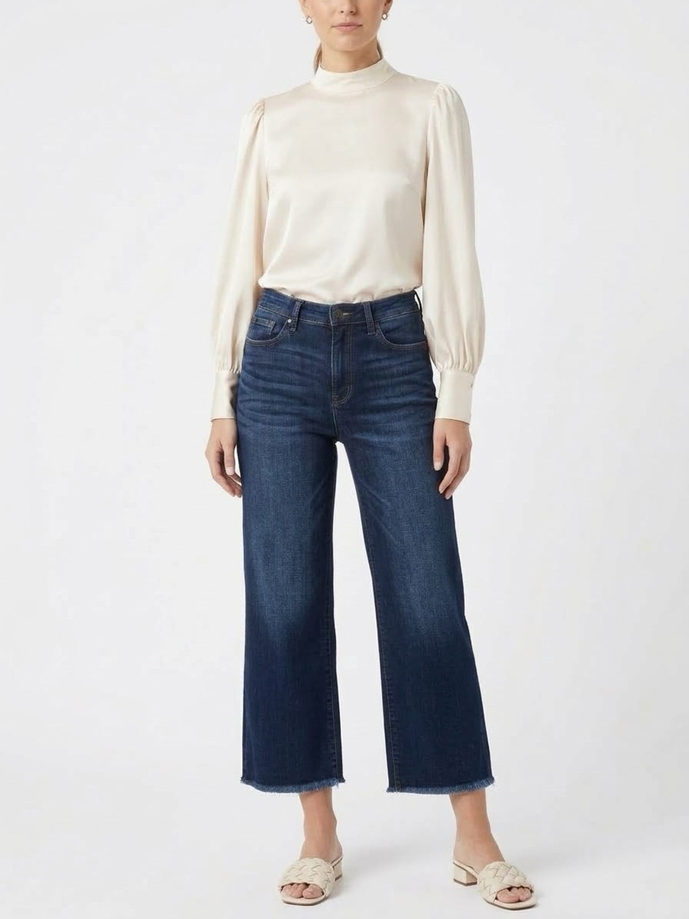 Judy Blue High Rise Cropped Wide Leg Jeans Dark Wash Raw Hem